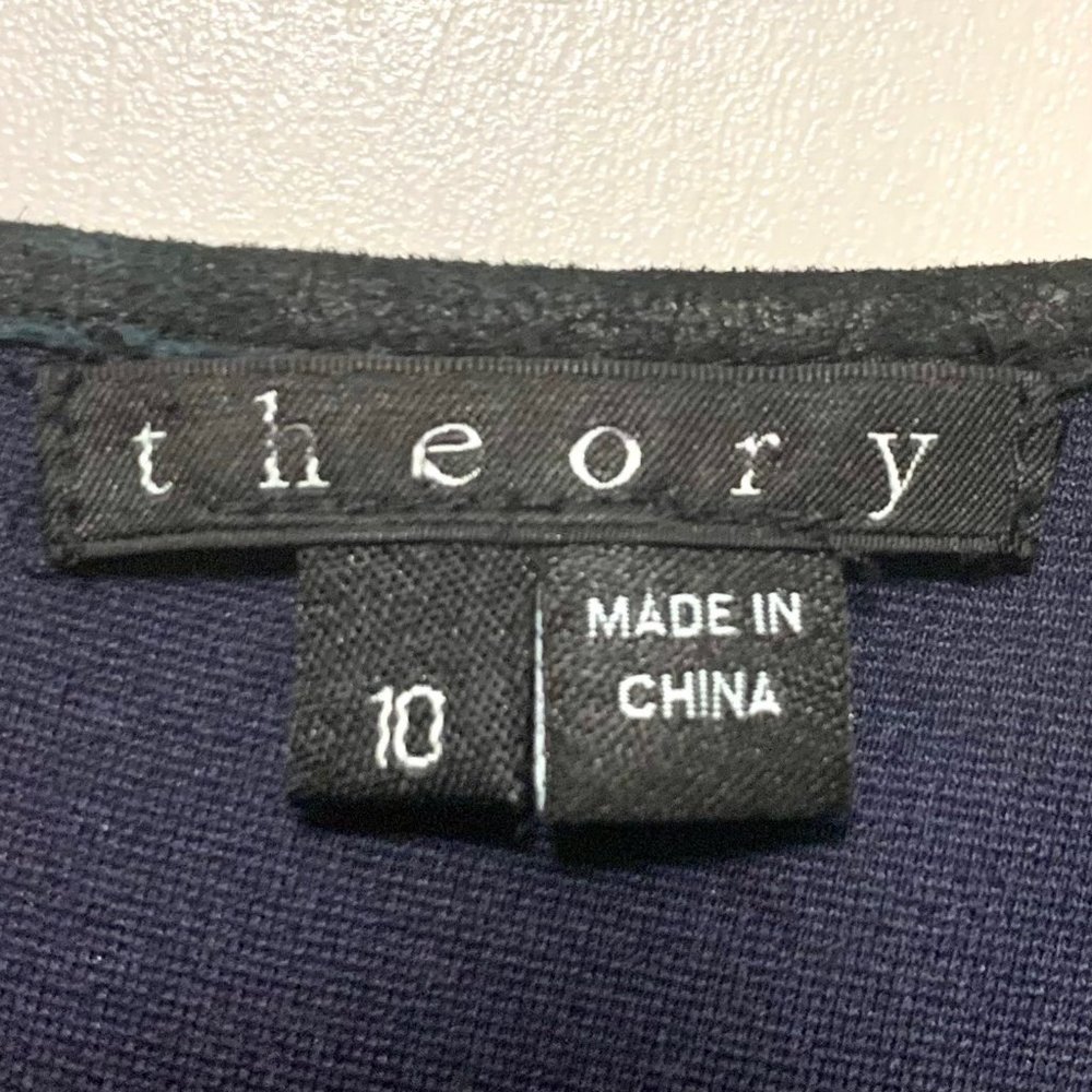 Theory Leilana Leather Trim Shift Dress Womens 10 Navy Blue Black Leather - Picture 8 of 10